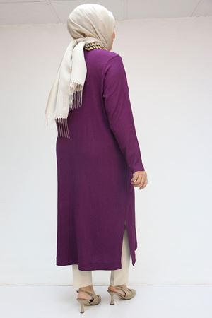 58012 Büyük Beden Kombin Erkek Yakalı Bürümcük Tunik - Mürdüm