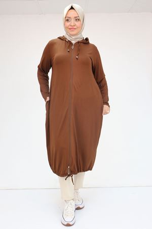 33008 Büyük Beden Fermuarlı Penye Kap - Kahve