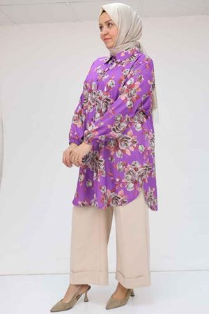 58052 Büyük Beden Erkek Yakalı Jesica Gömlek Tunik - Gül Desen Mor