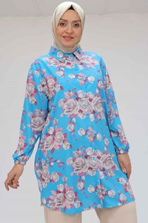 58052 Büyük Beden Erkek Yakalı Jesica Gömlek Tunik - Gül Desen Mavi