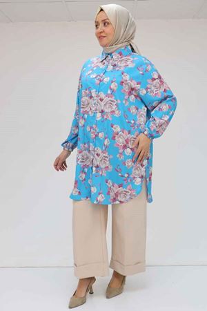 58052 Büyük Beden Erkek Yakalı Jesica Gömlek Tunik - Gül Desen Mavi