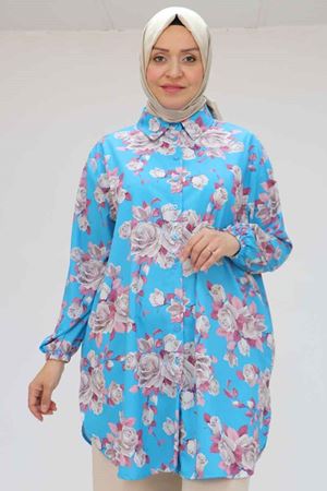 58052 Büyük Beden Erkek Yakalı Jesica Gömlek Tunik - Gül Desen Mavi