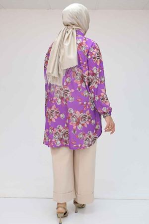 58052 Büyük Beden Erkek Yakalı Jesica Gömlek Tunik - Gül Desen Mor