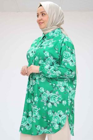 58052 Büyük Beden Erkek Yakalı Jesica Gömlek Tunik - Gül Desen Beneton