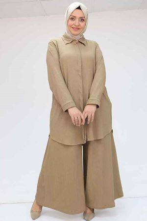 47073 Büyük Beden Bürümcük Pantolonlu Takım - Vizon