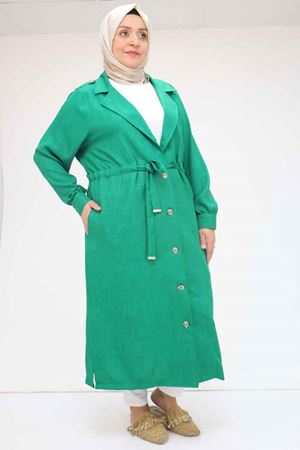 F-53004 Büyük Beden Kendinden Kuşaklı Melanj Trençkot - Beneton