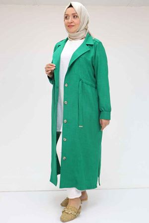 F-53004 Büyük Beden Kendinden Kuşaklı Melanj Trençkot - Beneton