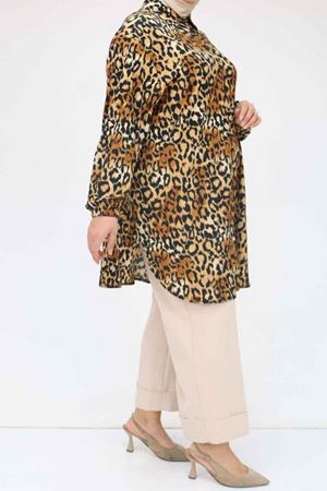 58031 Büyük Beden Erkek Yakalı Desenli Bürümcük Gömlek Tunik - Kahve Leopar