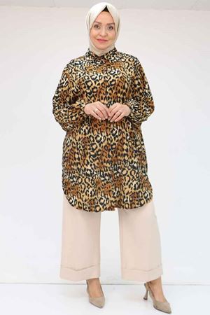 58031 Büyük Beden Erkek Yakalı Desenli Bürümcük Gömlek Tunik - Kahve Leopar