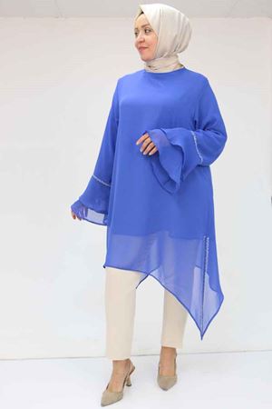 58018 Büyük Beden Kolu Volanlı Taş Baskılı Şifon Tunik - Saks