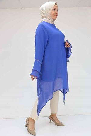 58018 Büyük Beden Kolu Volanlı Taş Baskılı Şifon Tunik - Saks