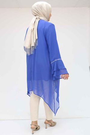 58018 Büyük Beden Kolu Volanlı Taş Baskılı Şifon Tunik - Saks