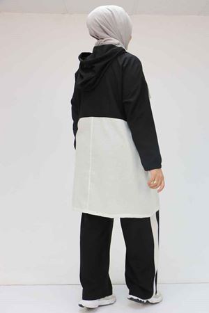 57008 Büyük Beden Kapşonlu Düşükkol Pantolonlu Takım - Siyah