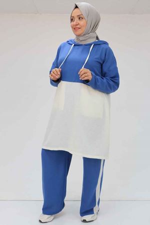 57008 Büyük Beden Kapşonlu Düşükkol Pantolonlu Takım - İndigo