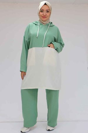 57008 Büyük Beden Kapşonlu Düşükkol Pantolonlu Takım - Nefti