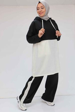 57008 Büyük Beden Kapşonlu Düşükkol Pantolonlu Takım - Siyah