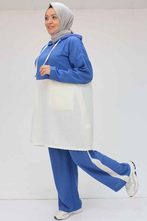 57008 Büyük Beden Kapşonlu Düşükkol Pantolonlu Takım - İndigo