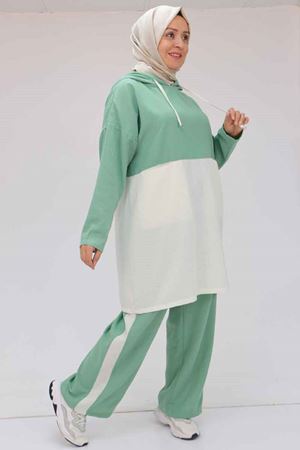 57008 Büyük Beden Kapşonlu Düşükkol Pantolonlu Takım - Nefti