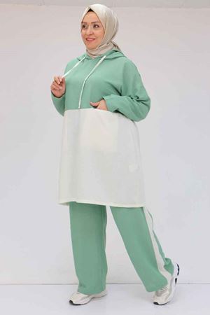 57008 Büyük Beden Kapşonlu Düşükkol Pantolonlu Takım - Nefti