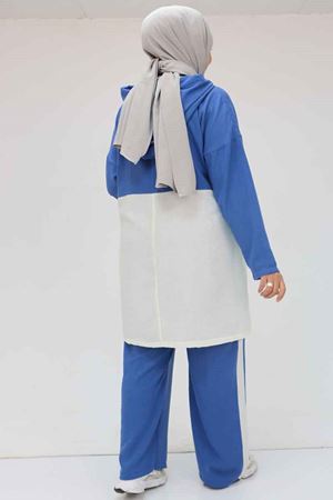 57008 Büyük Beden Kapşonlu Düşükkol Pantolonlu Takım - İndigo