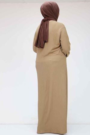 32025 Büyük Beden Bürümcük  Kolu Lastikli Elbise - Vizon