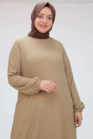 32025 Büyük Beden Bürümcük  Kolu Lastikli Elbise - Vizon