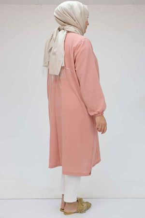 58057 Büyük Beden Kolları Lastikli Keten Tunik - Pudra