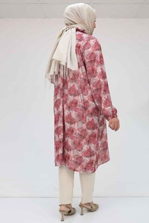 58028 Büyük Beden Yaka Fırfırlı Jesica Tunik - Yaprak Desen Gül