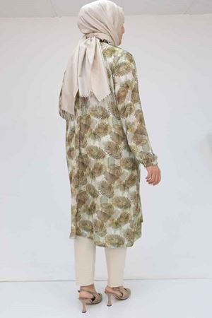 58028 Büyük Beden Yaka Fırfırlı Jesica Tunik - Yaprak Desen Yağ Yeşili