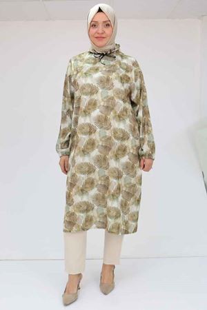 58028 Büyük Beden Yaka Fırfırlı Jesica Tunik - Yaprak Desen Yağ Yeşili