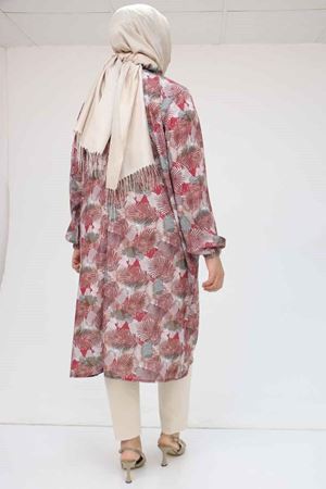 58028 Büyük Beden Yaka Fırfırlı Jesica Tunik - Yaprak Desen Bordo