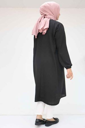 58057 Büyük Beden Kolları Lastikli Keten Tunik - Siyah