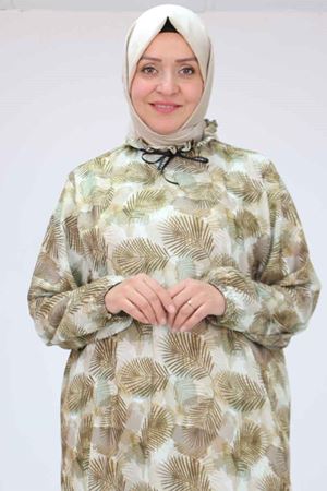 58028 Büyük Beden Yaka Fırfırlı Jesica Tunik - Yaprak Desen Yağ Yeşili