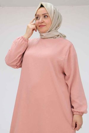 58057 Büyük Beden Kolları Lastikli Keten Tunik - Pudra