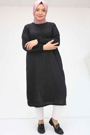 58057 Büyük Beden Kolları Lastikli Keten Tunik - Siyah
