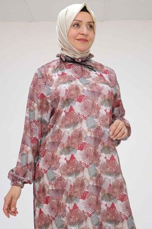 58028 Büyük Beden Yaka Fırfırlı Jesica Tunik - Yaprak Desen Bordo