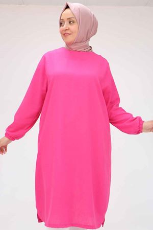 58057 Büyük Beden Kolları Lastikli Keten Tunik - Fuşya