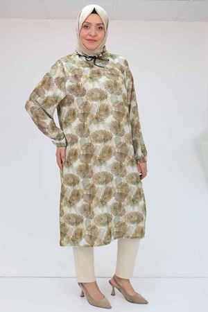 58028 Büyük Beden Yaka Fırfırlı Jesica Tunik - Yaprak Desen Yağ Yeşili