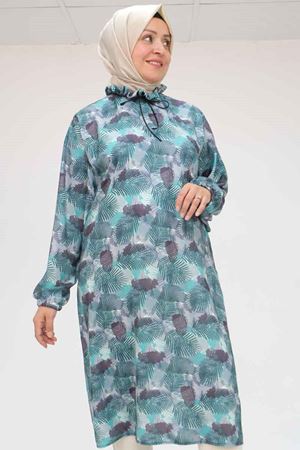 58028 Büyük Beden Yaka Fırfırlı Jesica Tunik - Yaprak Desen Mint