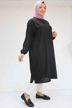 58057 Büyük Beden Kolları Lastikli Keten Tunik - Siyah