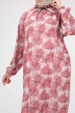 58028 Büyük Beden Yaka Fırfırlı Jesica Tunik - Yaprak Desen Gül