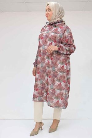 58028 Büyük Beden Yaka Fırfırlı Jesica Tunik - Yaprak Desen Bordo