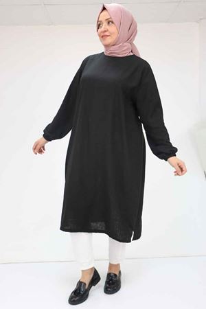 58057 Büyük Beden Kolları Lastikli Keten Tunik - Siyah