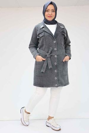 43070 Büyük Beden Taş İşlemeli Manşetli Kot Ceket - Siyah