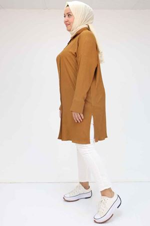 F-58043 Büyük Beden Düşük Kol Bürümcük  Gömlek - Taba