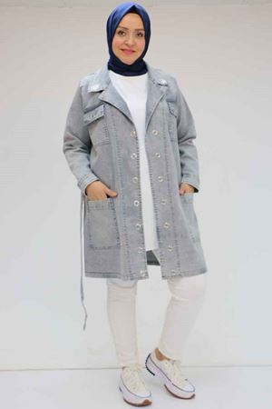 43070 Büyük Beden Taş İşlemeli Manşetli Kot Ceket - Gri