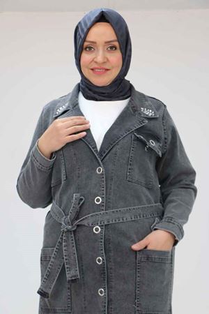 43070 Büyük Beden Taş İşlemeli Manşetli Kot Ceket - Siyah