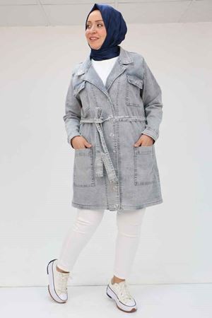 43070 Büyük Beden Taş İşlemeli Manşetli Kot Ceket - Gri