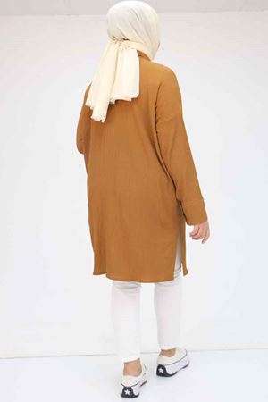 F-58043 Büyük Beden Düşük Kol Bürümcük  Gömlek - Taba