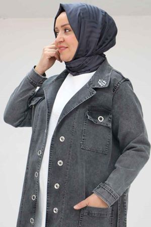 43070 Büyük Beden Taş İşlemeli Manşetli Kot Ceket - Siyah